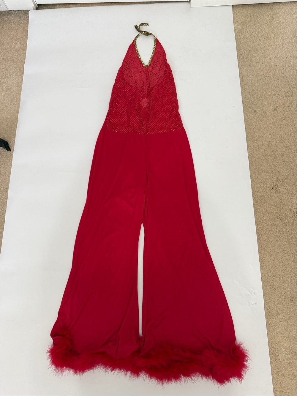 Sexy Knapp/devil Red Halter Sequin Jumpsuit Costume with Feather Hem size